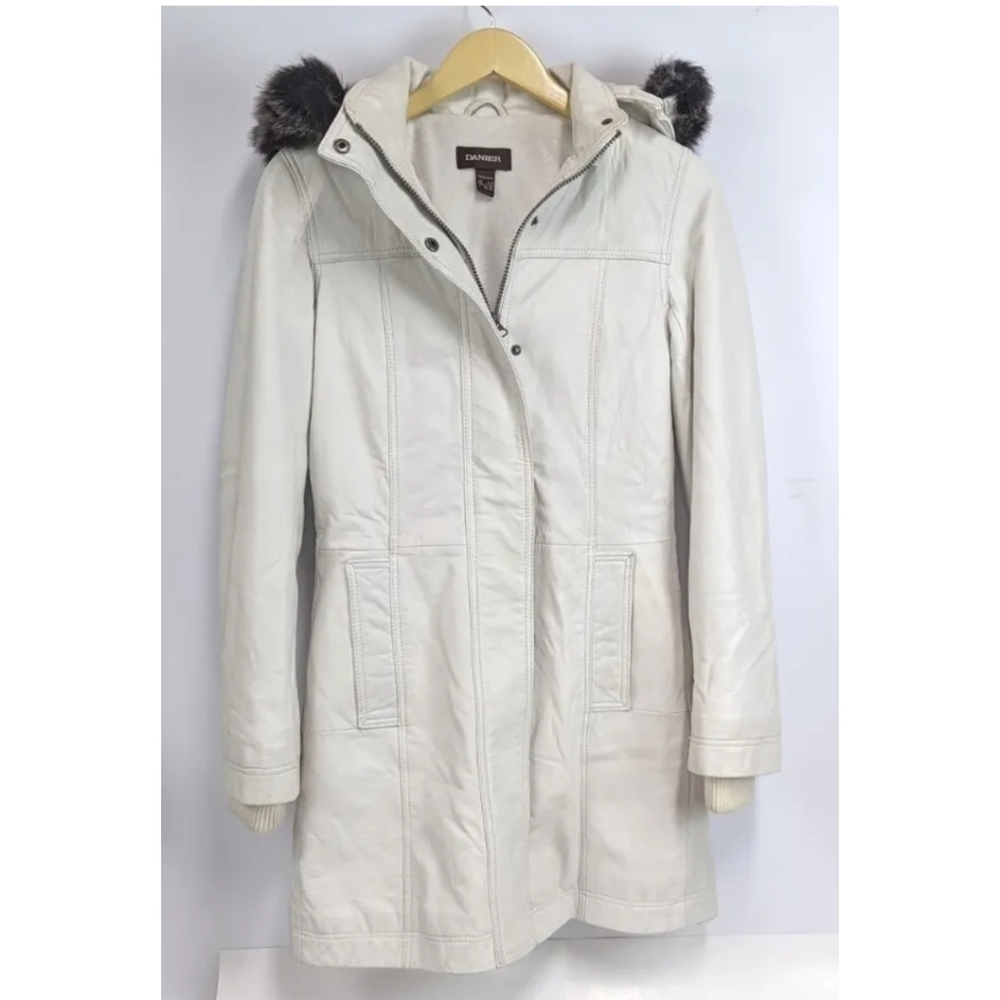 DANIER Leather Parka Insulated Coat, White Fur Trimmed small